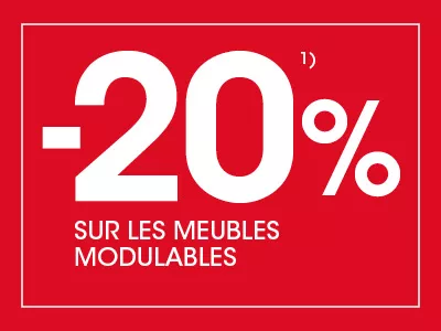 20 % de remise sur les meubles conçus sur mesure. Exclusion 1.