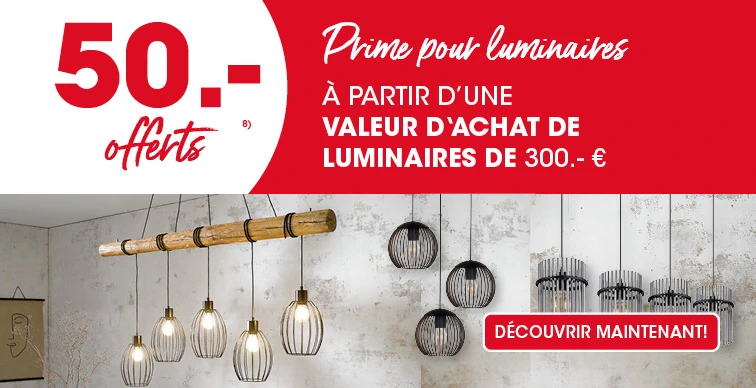 50 € offerts Prime sur les luminaires à partir d'un achat de luminaires d'une valeur de 300 € chacun Exclusion 8