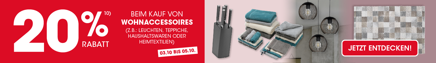 20 % de réduction sur l'achat d'accessoires pour la maison du 03/10 au 05/10. Texte d'exclusion numéro 10