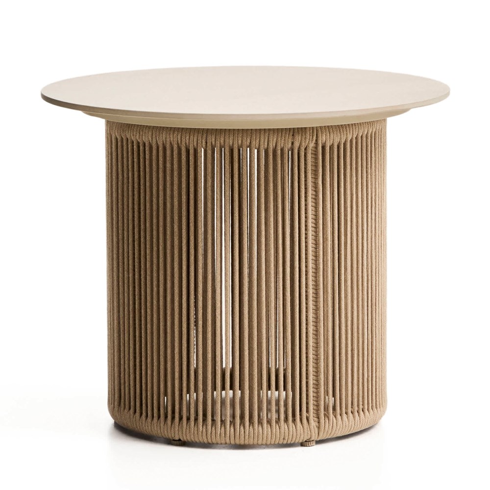 Outdoor-Beistelltisch Orosei aus Sinterstein, Aluminium und, naturfarbenem Seil Ø 55 cm