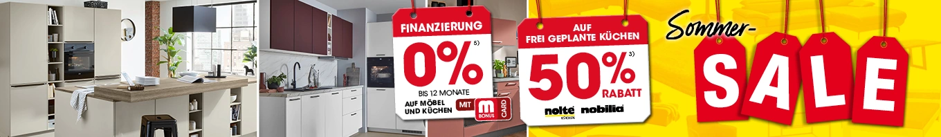 50% auf frei geplante Küchen von nolte und Nobilia und 0% Finanzierung auf Möbel und Küchen mit der MbonusCard. Ausschluss 5