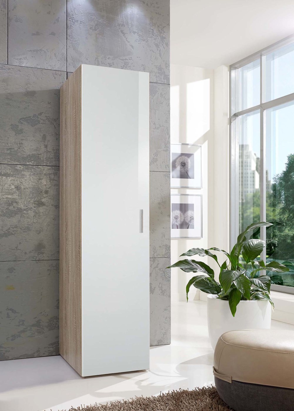 Eckschrank Malta Hochglanz weiß/Eiche sägerau 80 x 80 x 185 cm online kaufen