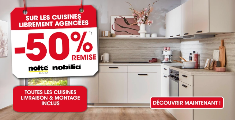 50 % de réduction sur les cuisines sur mesure Nolte Küchen et Nobilia, livraison et montage inclus, hors exclusions 1