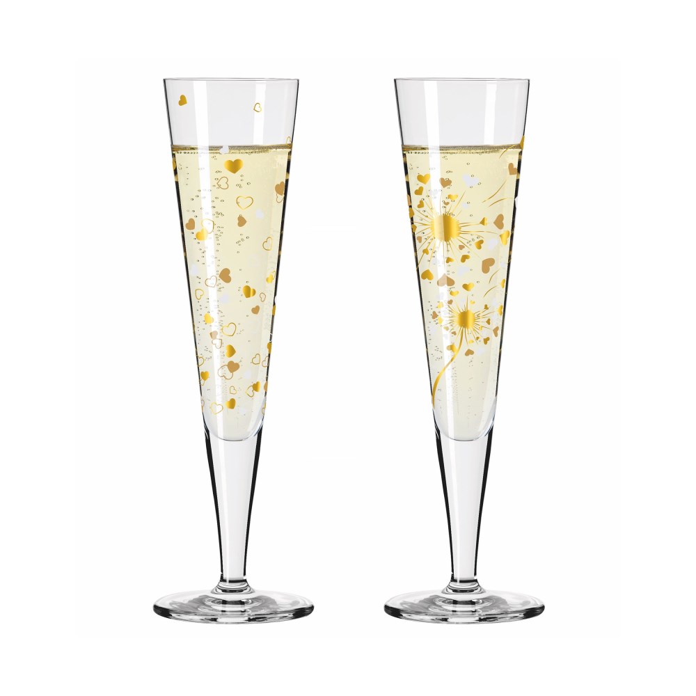 Champagnerglas-Set 205ml Goldnacht 2-teilig, klar/goldfarbig/weiß, ca. D7x24 cm, Kristallglas bedruckt