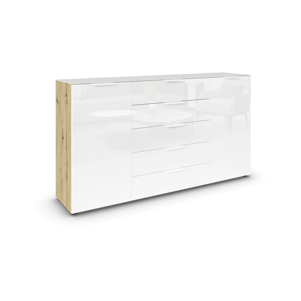 Kommode Flipp Korpus Eiche Artisan, Front und, Oberboden Glas weiß