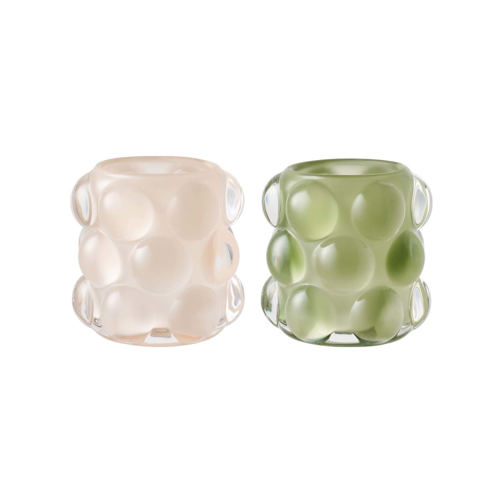 Kerzenhalter Glas, beige/grün, 2er-Set, ca. 8,5x8x8,5 cm