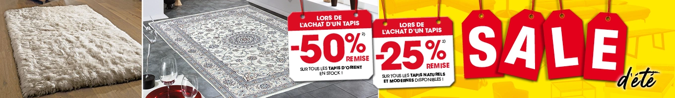 50 % de réduction sur les tapis d’Orient et 25 % de réduction sur les tapis noués naturels et modernes en stock, hors exclusions 2