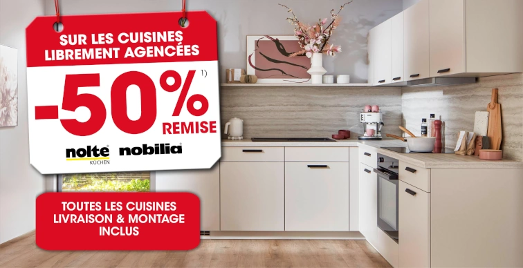 50 % de réduction sur les cuisines sur mesure Nolte Küchen et Nobilia, livraison et montage inclus, hors exclusions 1