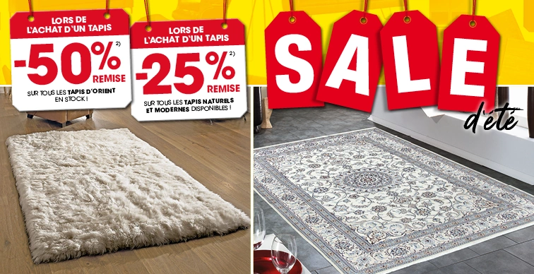 50 % de réduction sur les tapis d’Orient et 25 % de réduction sur les tapis noués naturels et modernes en stock, hors exclusions 2