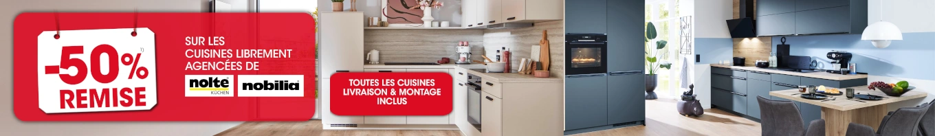 50 % de réduction sur les cuisines sur mesure Nolte Küchen et Nobilia, livraison et montage inclus, hors exclusions 1