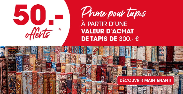 50 € offerts en prime sur les tapis à partir d'un achat de 300 € par tapis Exclusion 8