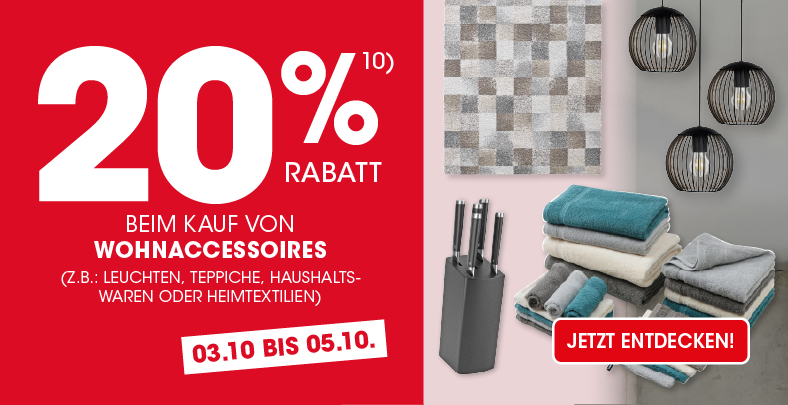 20 % de réduction sur l'achat d'accessoires pour la maison du 03/10 au 05/10. Texte d'exclusion numéro 10