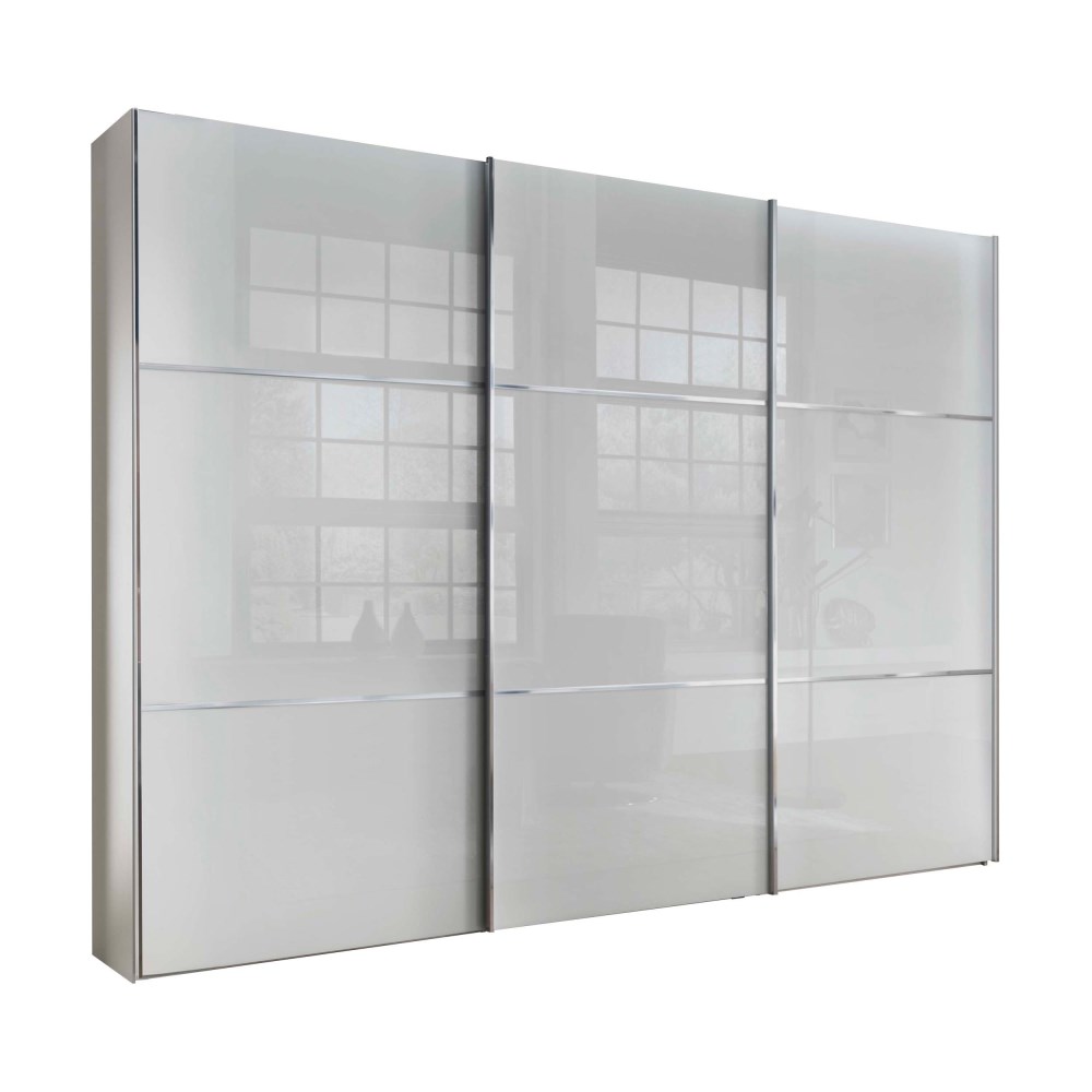 Schwebetürenschrank Mondo Clivo 3000, 502 weiß, Front Glas weiß, ca. 300x236x67 cm, 3-türig