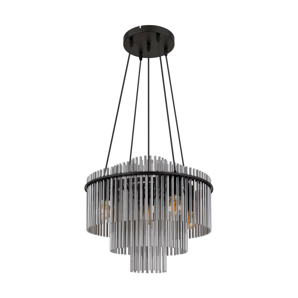 Pendelleuchte Gorley schwarz matt ca. D50x120cm Glasstäbe rauchfarben, 5xE27 max. 60W ohne Leuchtmittel
