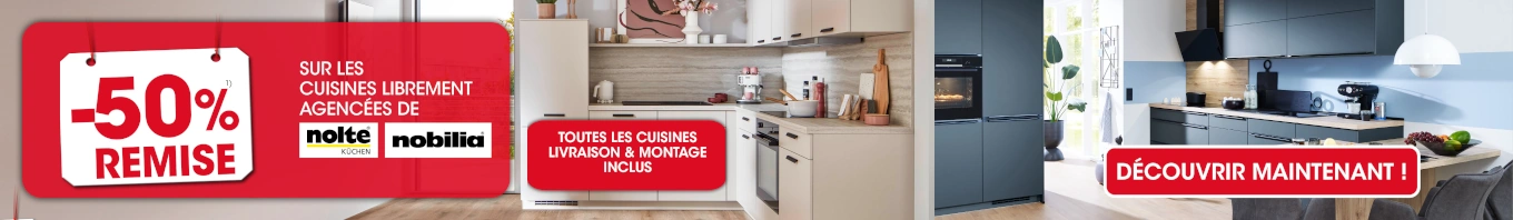 50 % de réduction sur les cuisines sur mesure Nolte Küchen et Nobilia, livraison et montage inclus, hors exclusions 1